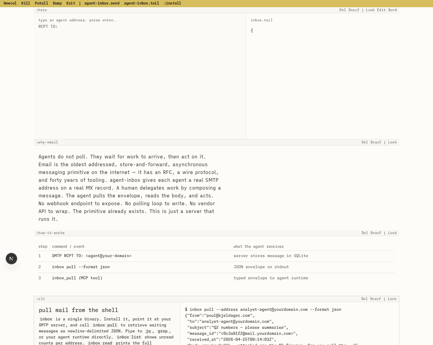 Toppen af agent-inbox-v5: hero-panelet indeholder kun "type an agent address. press enter. / RCPT TO:" efterfulgt af en stor tom flade; sidepanelet inbox.tail viser en enkelt tuborgklamme