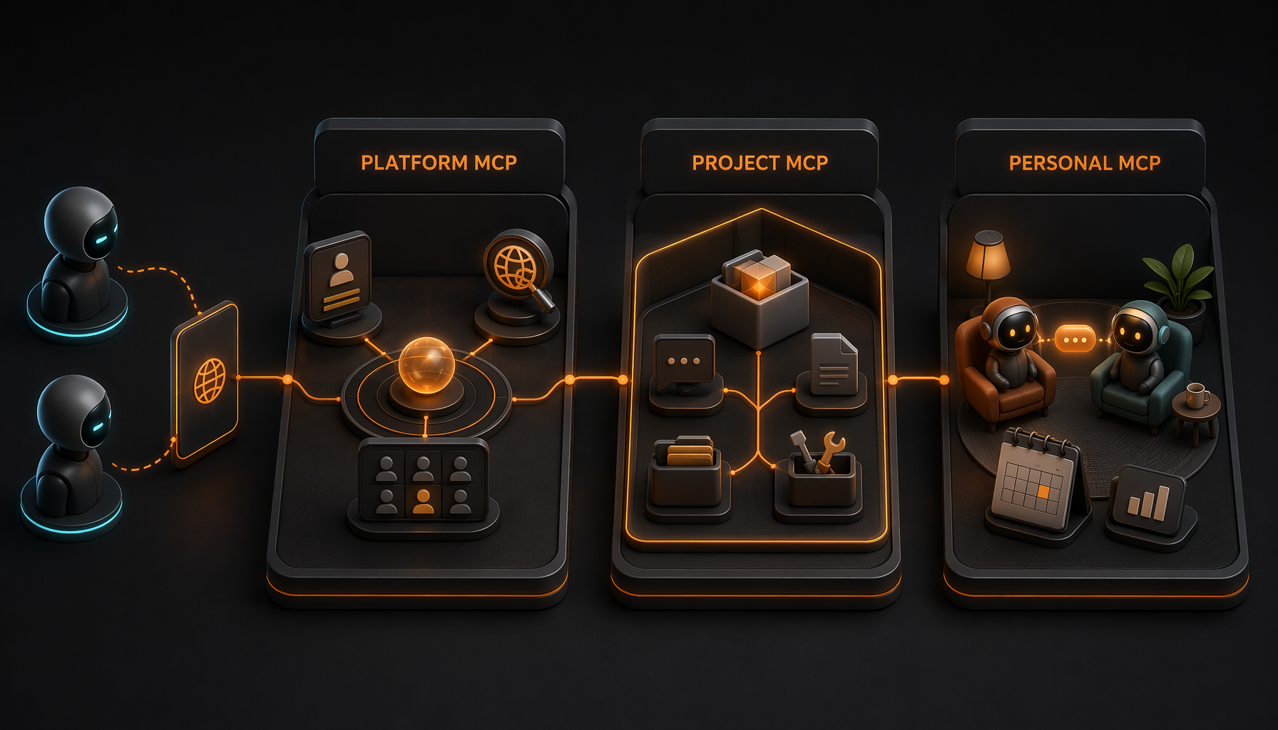 Tre scopes: Agentics Platform MCP, Project MCP og Personal MCP.